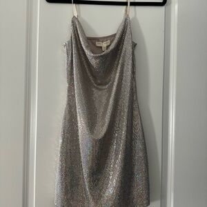 Silver Sequin Cowl Neck Mini Dress